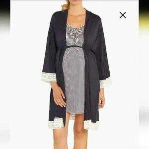 Angel Maternity Nursing Robe Navy White Crochet Size SMALL Pockets No Belt NEW